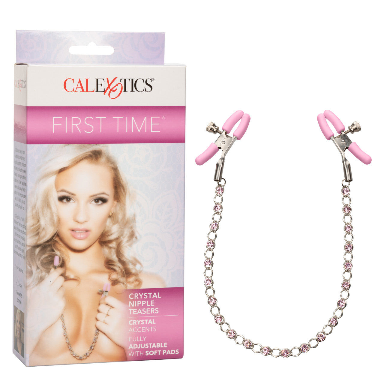First Time Crystal Nipple Teasers with Pink Silicone Pads and Adjustable Tension Chain