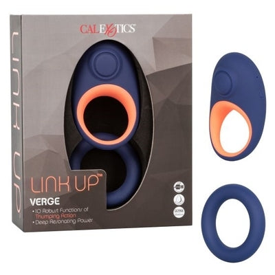 Link Up Verge Dual Stimulating Ring with 10 Thumping Functions Ultra-Soft Silicone Cock Ring Blue and Orange