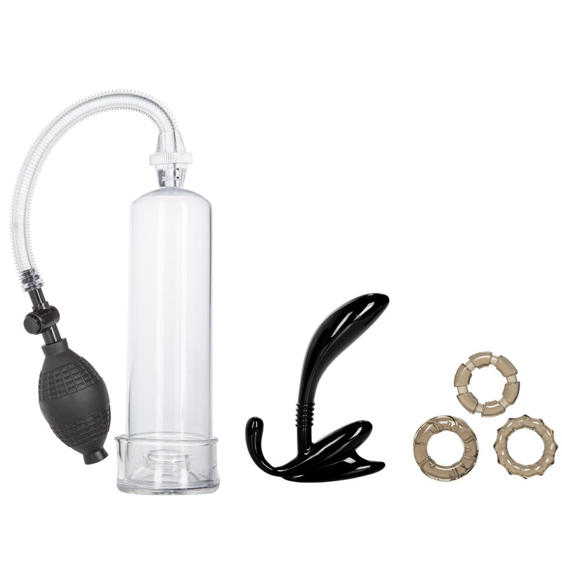 His Essential Pump Kit – Penis Pump with Prostate Probe and Stretchy Rings Set