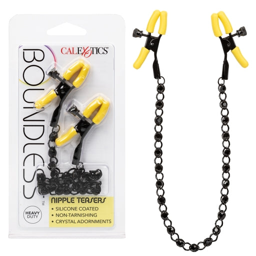 Boundless Nipple Teasers Adjustable Black Chain with Yellow Silicone Coated Clamps and Crystal Adornments