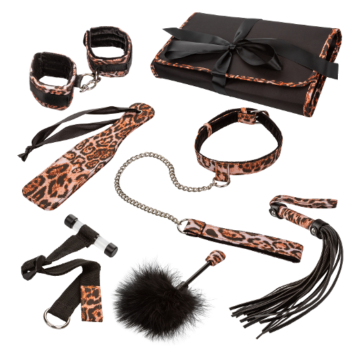 Unleashed Adventure Set 7-Piece Animal Print Faux Leather BDSM Kit with Travel Case