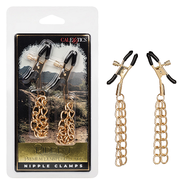 Ride 'Em Premium Denim Collection Adjustable Gold Tone Nipple Clamps with Chain