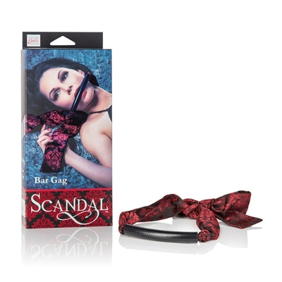 Scandal Bar Gag with Black PVC Plastic Bar and Red Black Brocade Double-Padded Strap