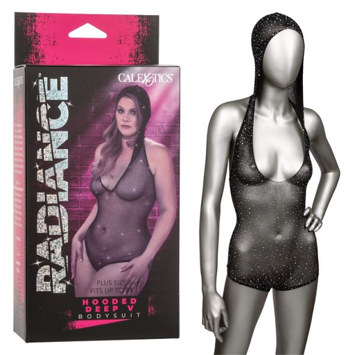 Radiance Plus Size Hooded Deep V Black Mesh Rhinestone Bodysuit