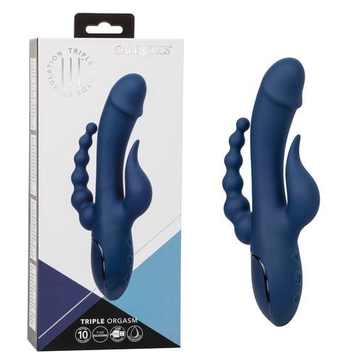 III Triple Orgasm (Blue) – Triple Action Silicone Massager with Vibrating Shaft and Beaded Tail
