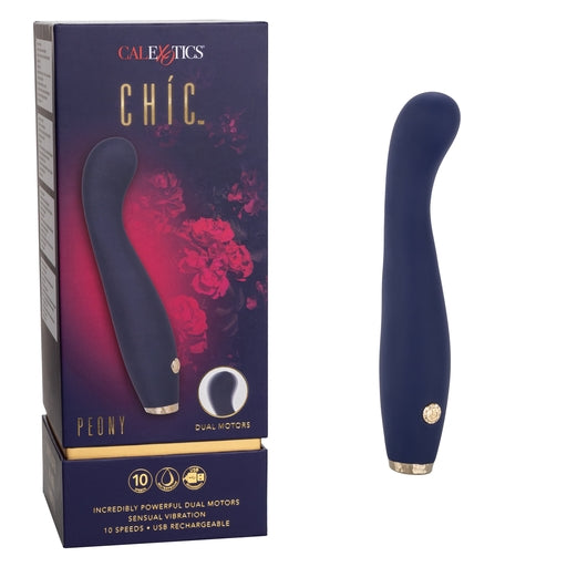 Chic Peony Flexible G-Wand Vibrator with Dual Motors, 10 Speeds, Navy Blue Silicone and Gold Accents