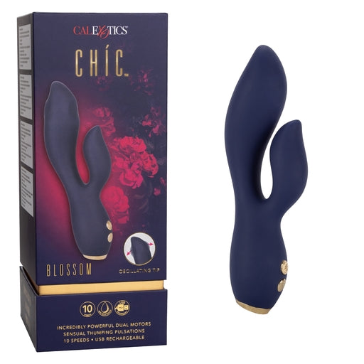 Chic Blossom Navy Blue Flexible Silicone Dual Motor Vibrator with Gold Accents, 10 Speeds, Waterproof and Rechargeable