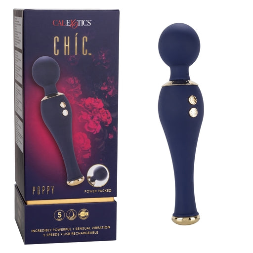 Chic Poppy Navy Blue Ultra-Plush Silicone Massager with 5 Vibration Levels and Gold Accents, Rechargeable, Waterproof