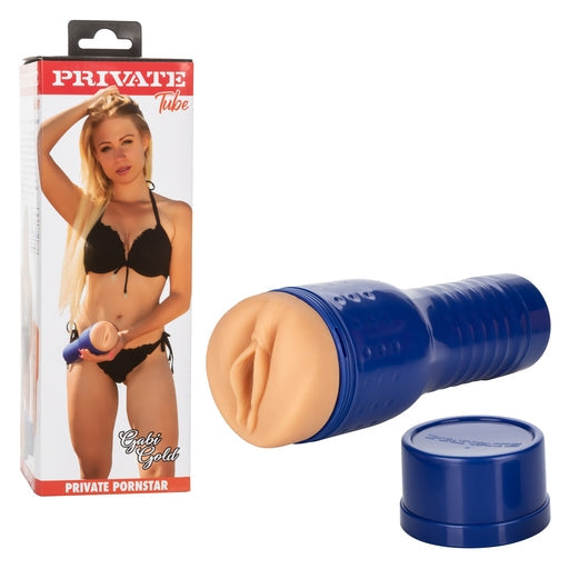Private Tube Gabi Gold Pussy Masturbator with Real Skin Technology and Adjustable Suction 10.25 Inch Blue