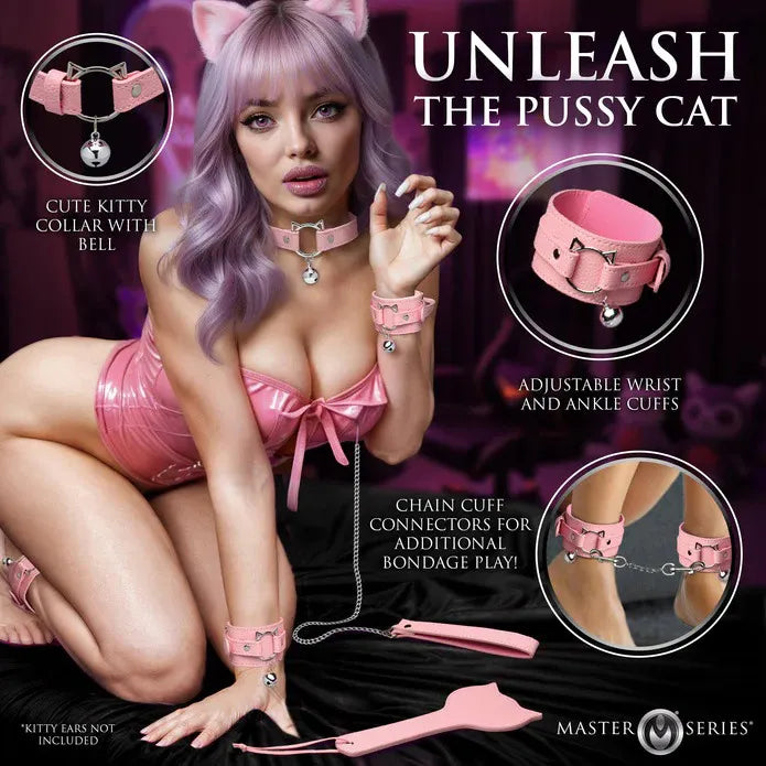 Kitty Bondage Set – Vegan Leather Adjustable Cuffs and Collar Bondage Set
