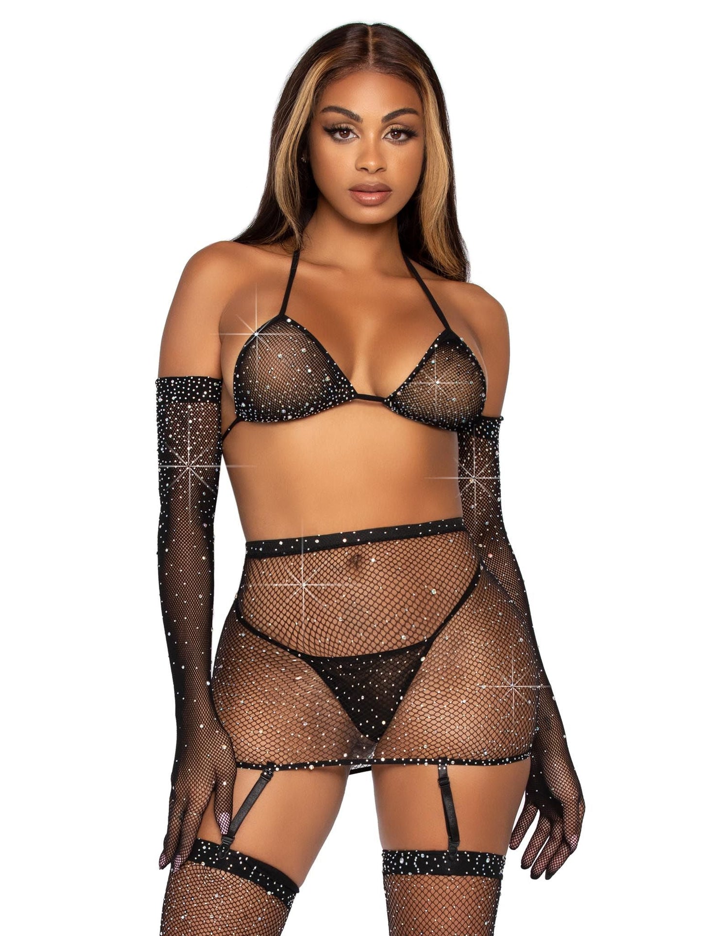 Black Rhinestone Bikini Lingerie Set with Garter Skirt and Gloves