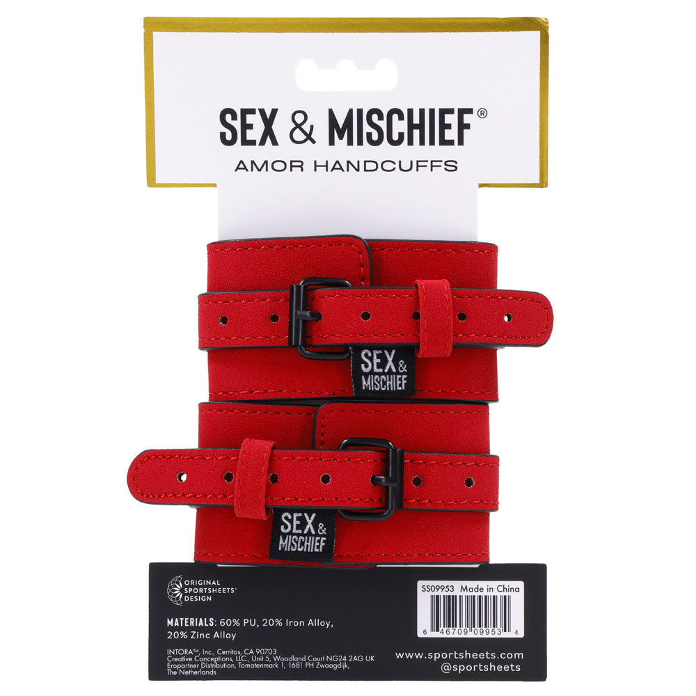 Sex & Mischief Amor Handcuffs in Red Vegan Leather