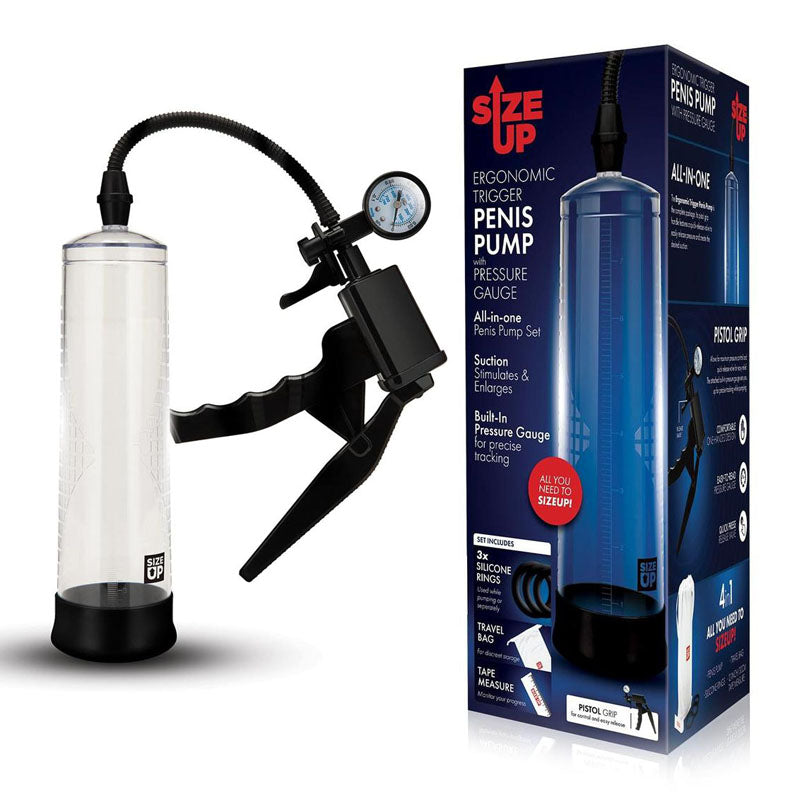 Size Up Ergonomic Trigger Penis Pump With Pressure Gauge - 8 Inch