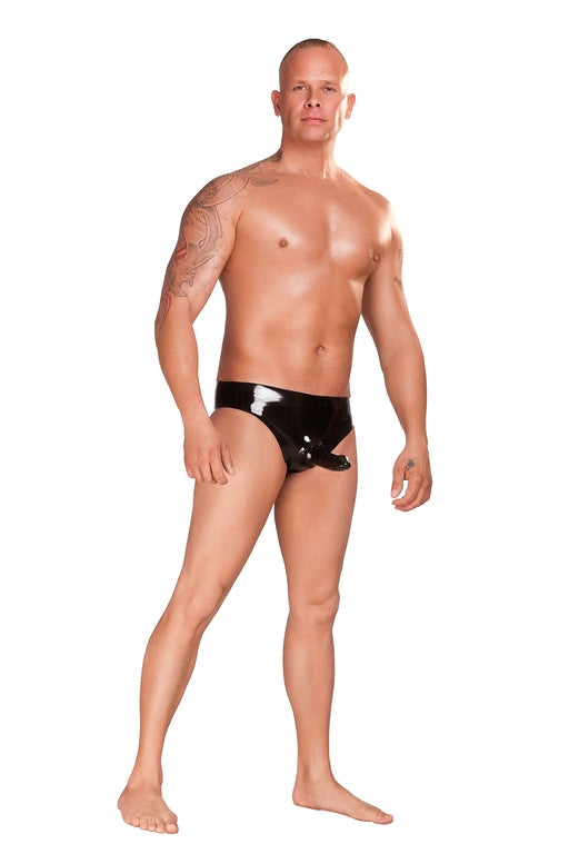 Saxenfelt Black Latex Mens Brief with Sleeve and Anal Plug Small