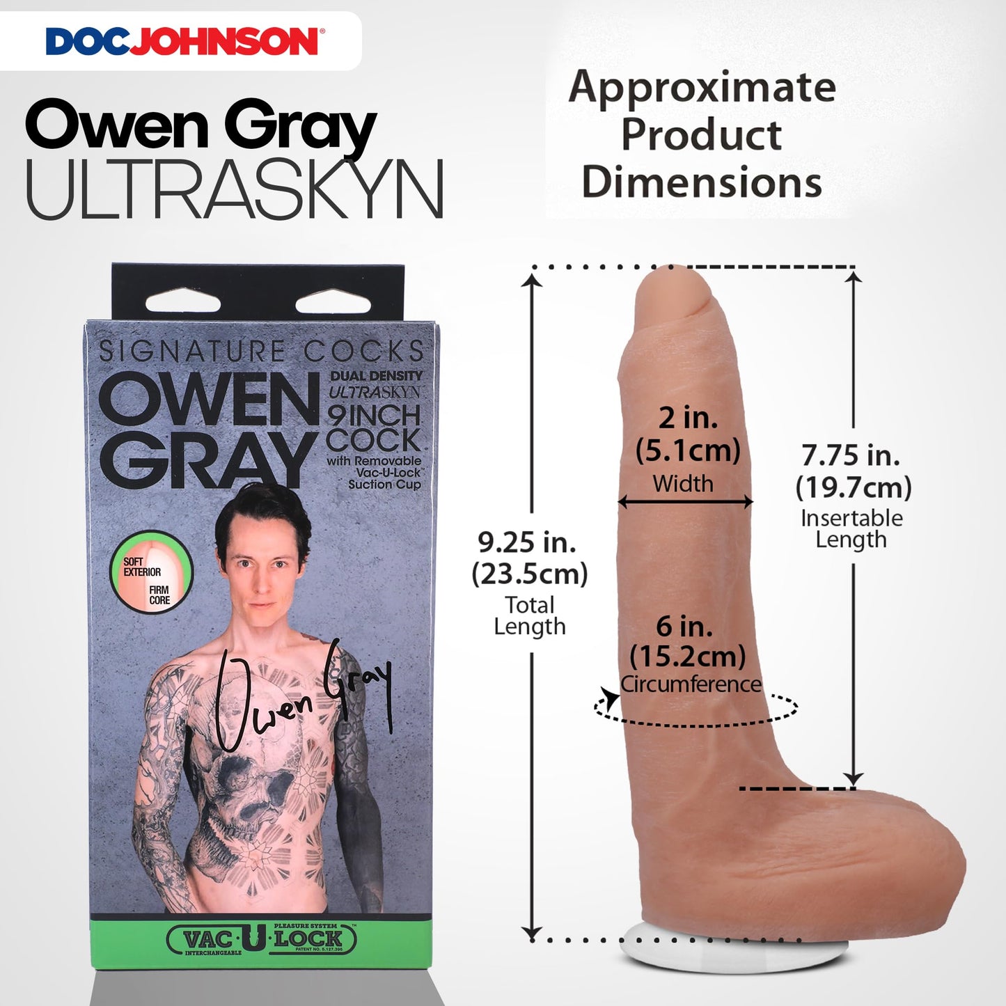 Signature Cocks Owen Gray 9 Inch Ultraskyn Dual Density Cock with Removable Vac-U-Lock Suction Cup