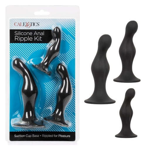 Silicone Anal Ripple Kit Set of 3 Black Graduated Curved Anal Plugs with Suction Cup Base