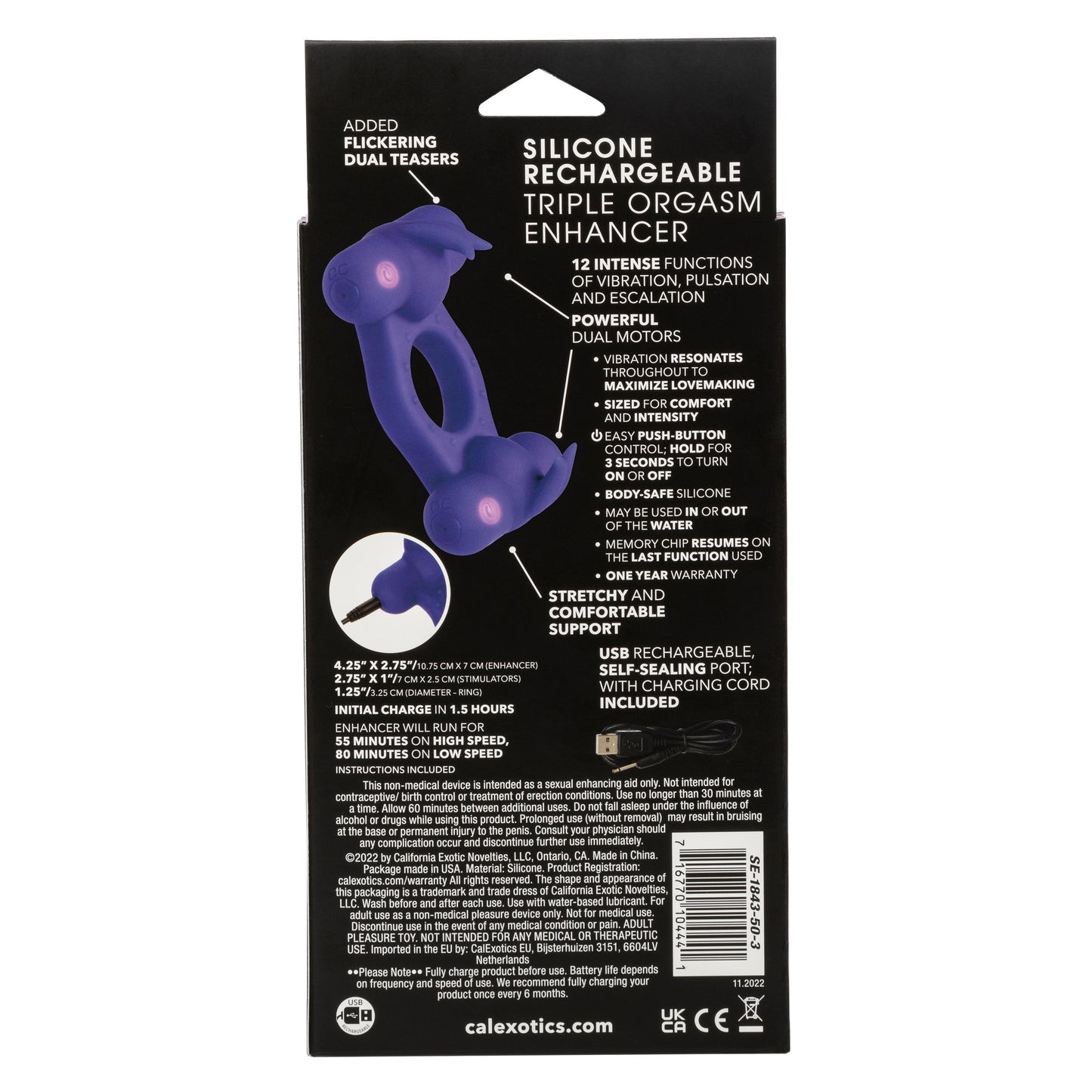 Silicone Triple Orgasm Enhancer in Purple with 12 Vibration Functions and Dual Independent Motors