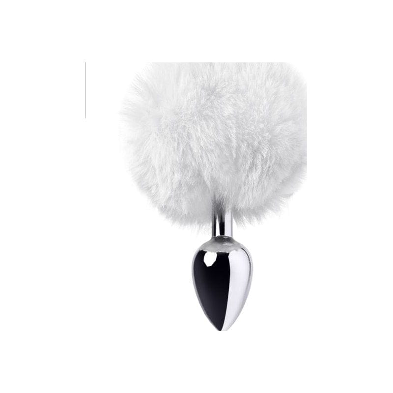 Silver Metal Anal Plug Small with White Faux Fur Tail