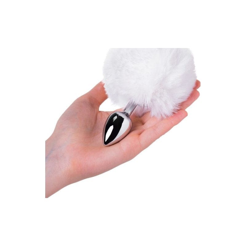 Silver Metal Anal Plug Small with White Faux Fur Tail