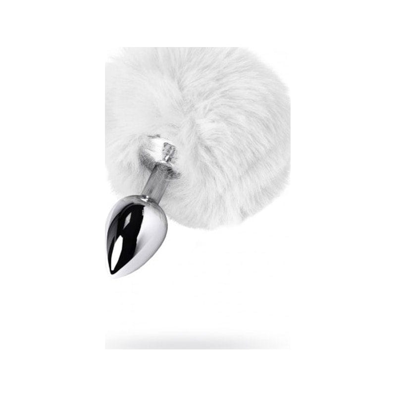 Silver Metal Anal Plug Small with White Faux Fur Tail