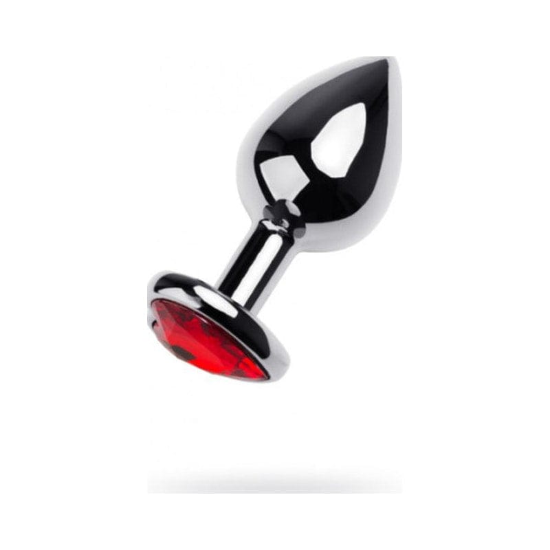 Silver Metal Anal Plug with Red Ruby Heart Crystal Medium
