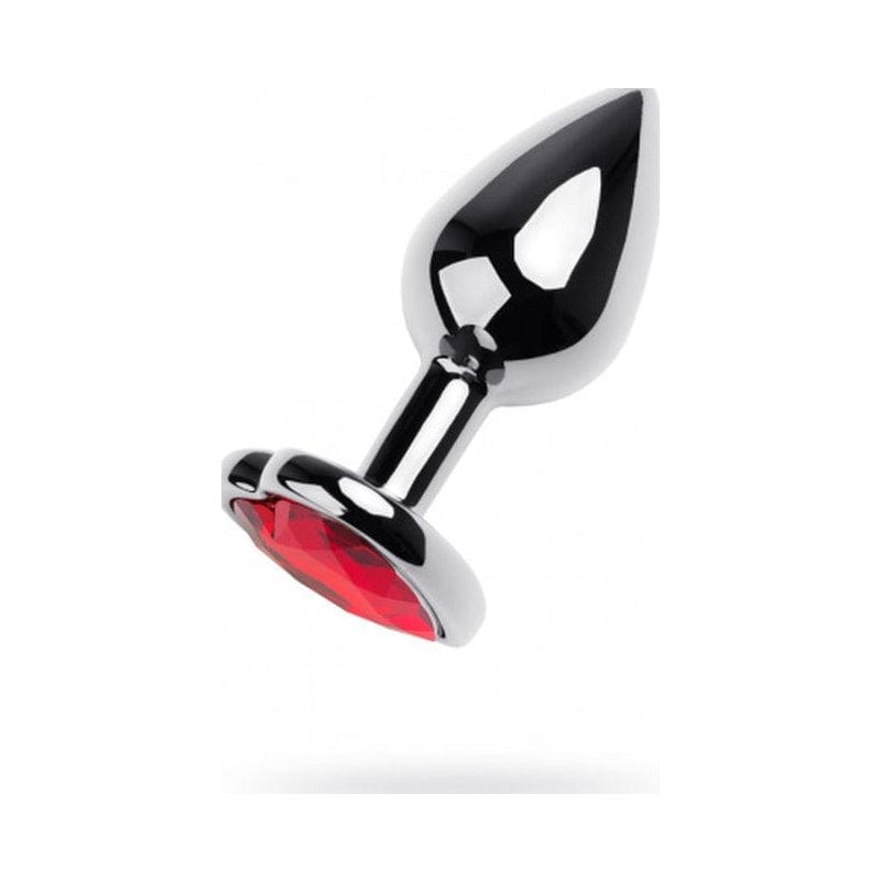 Silver Metal Anal Plug with Red Ruby Heart Gem Small