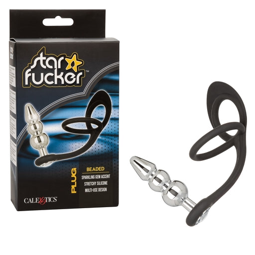 Star Fucker Beaded Plug With Stretchy Black Silicone Dual Enhancer and Silver Metal Probe