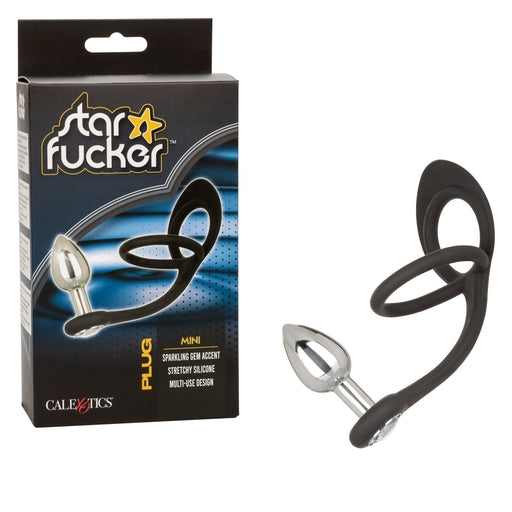 Star Fucker Mini Plug Black Silicone Dual Enhancer with Metal Probe and Sparkling Gem Base