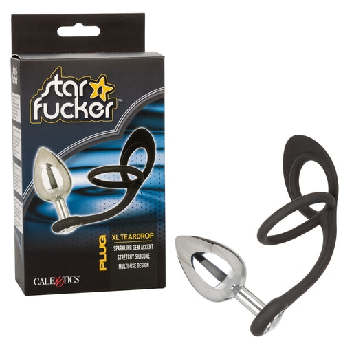Star Fucker XL Teardrop Plug Black Silicone and Silver Metal Dual Enhancer with Sparkling Gem Accent