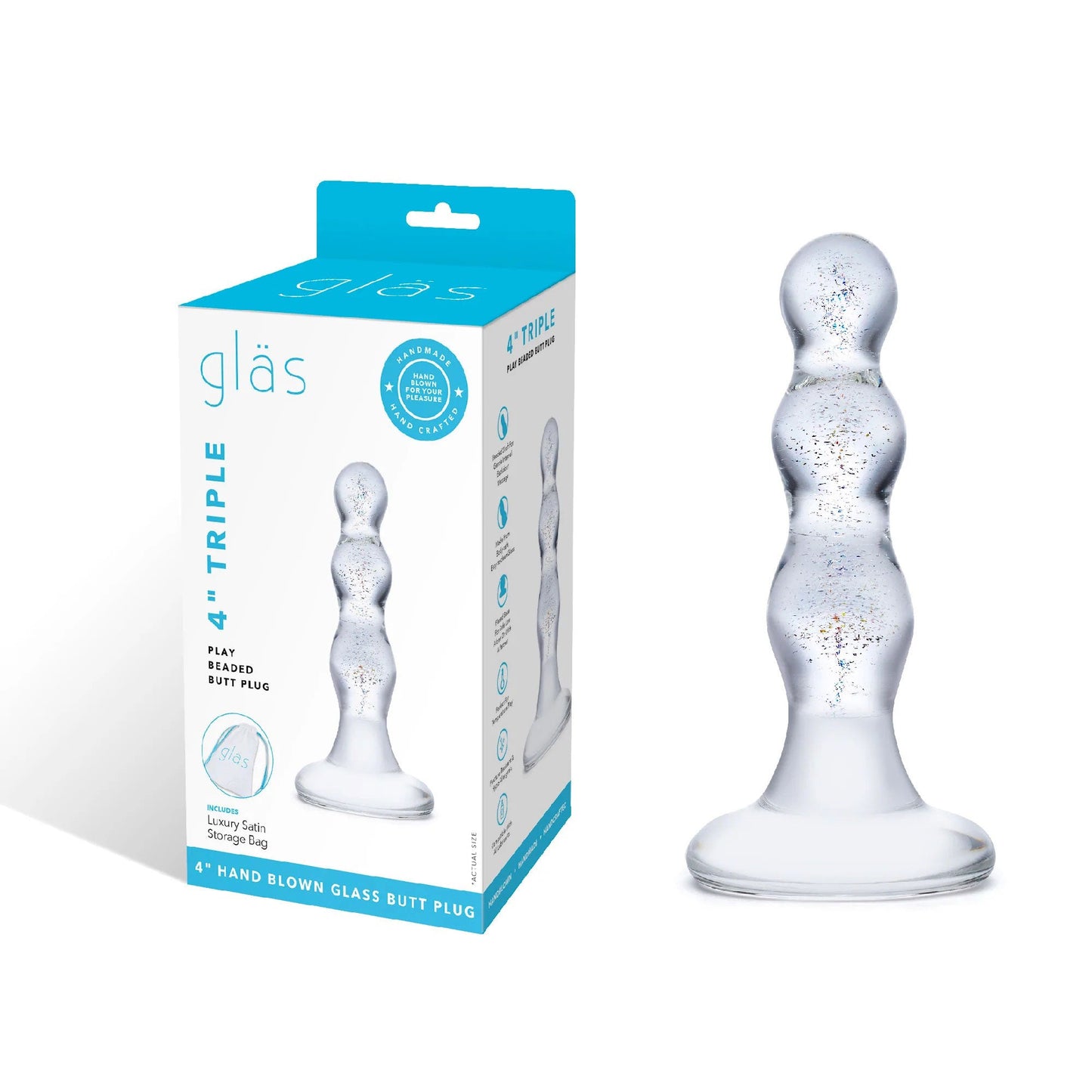 Glas 4 Inch Triple Play Beaded Clear Glass Butt Plug