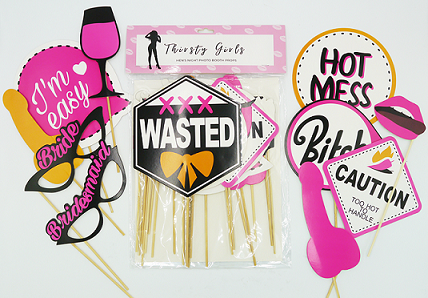 Thirsty Girls Hen’s Night Photo Booth Props Set with Pink and Black Party Accessories