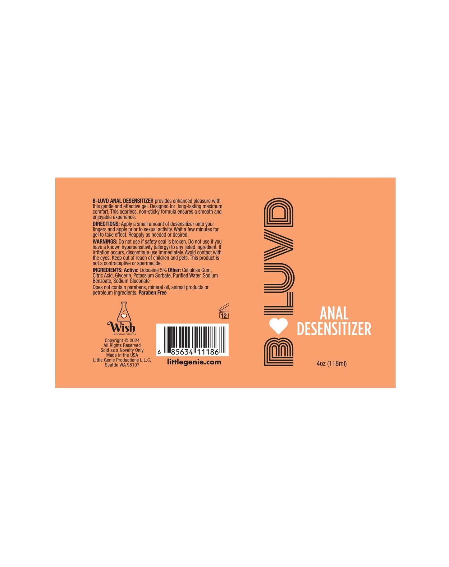 B-LUVD Anal Desensitising Lubricant 118ml Water Based Gel