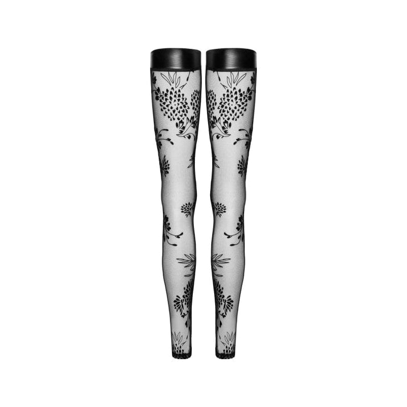 Tulle Stockings w Patterned Flock Embroidery & Power Wetlook Band