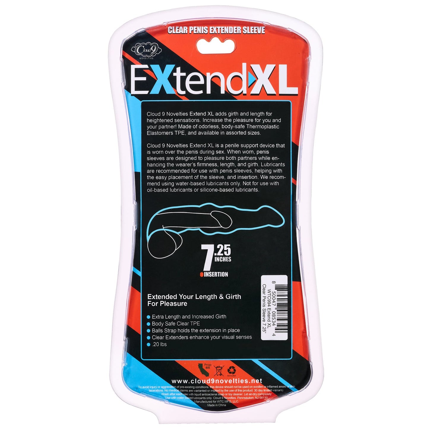 Extend XL Clear Penis Sleeve 7.25 Inch for Enhanced Girth and Length