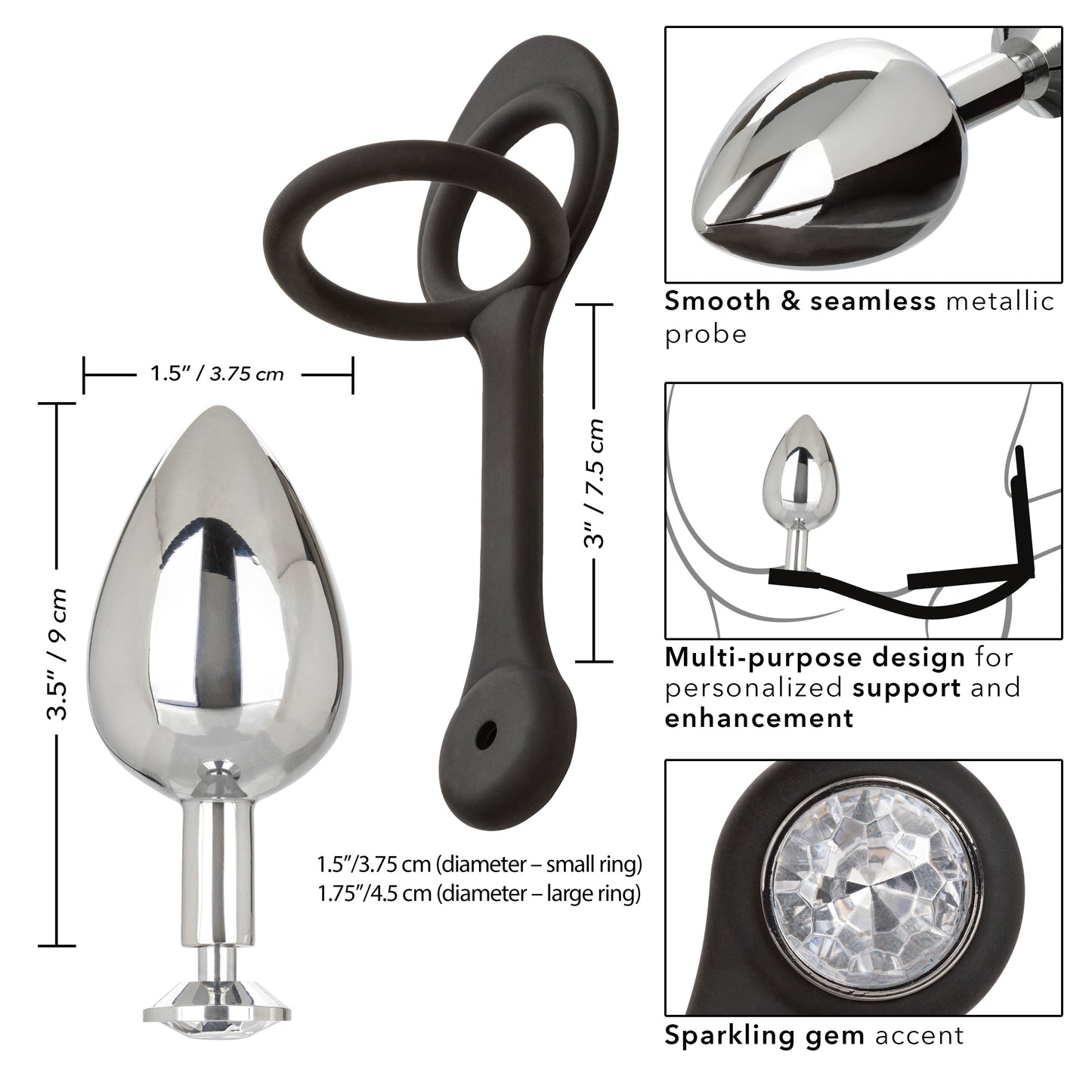 Star Fucker XL Teardrop Plug Black Silicone and Silver Metal Dual Enhancer with Sparkling Gem Accent
