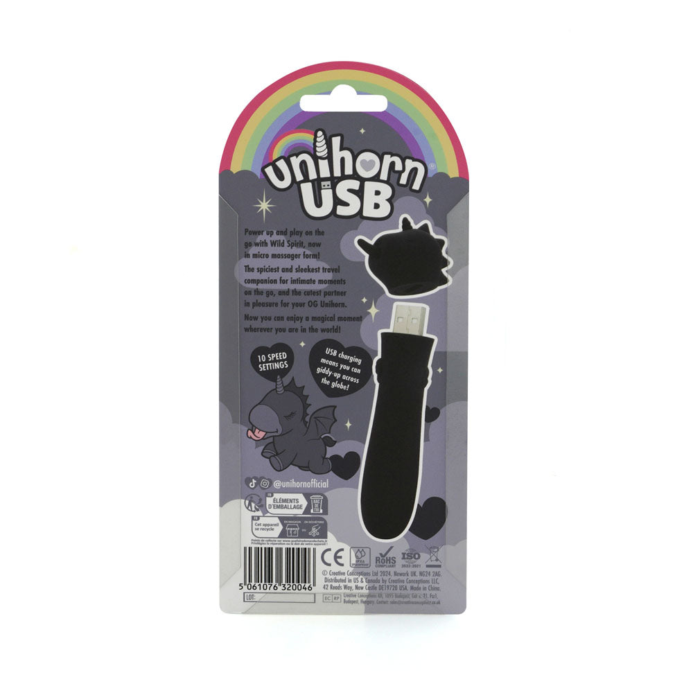 Unihorn Wild Spirit (Black) – Compact USB Silicone Vibrating Bullet with 10 Speeds