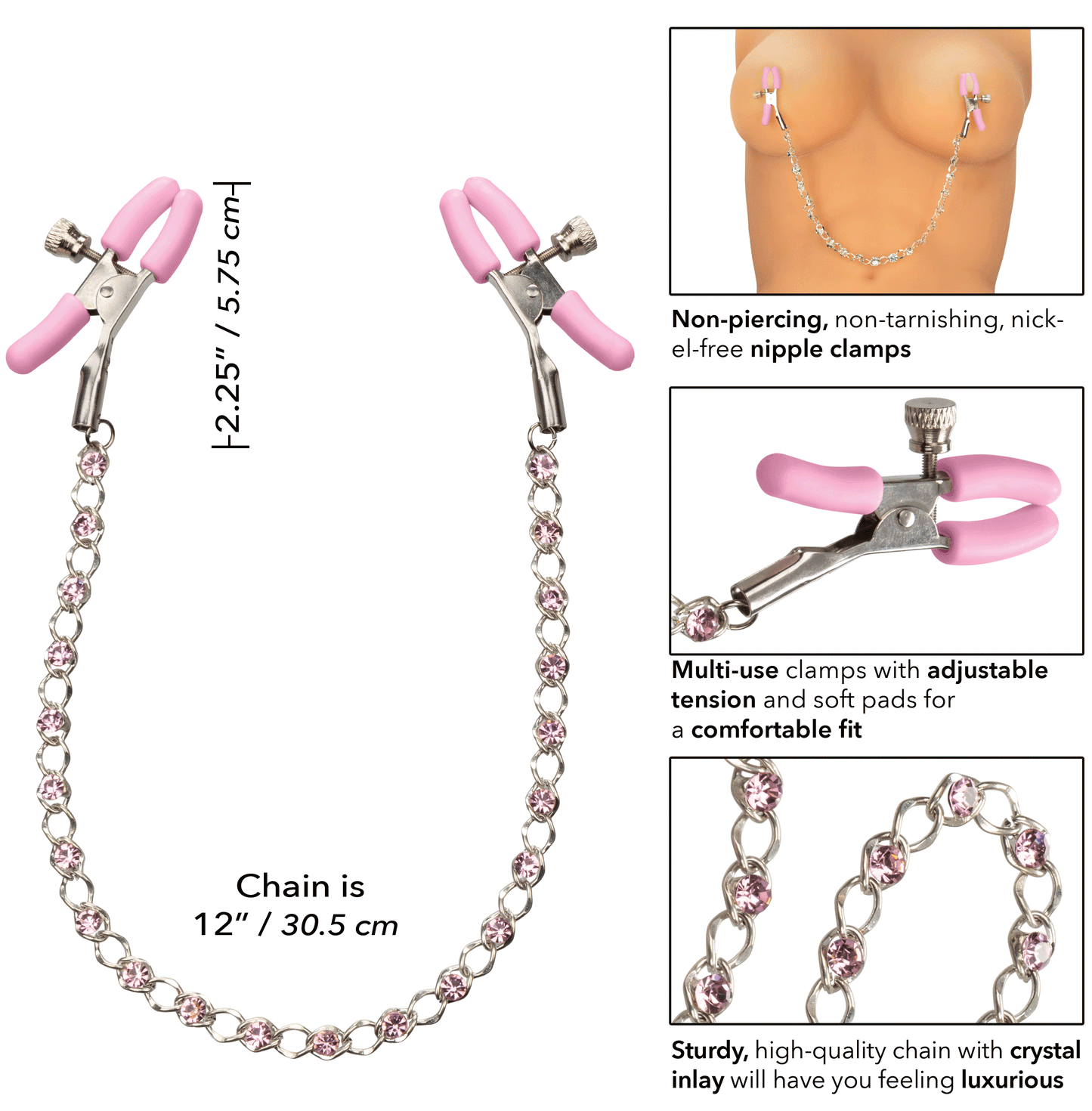 First Time Crystal Nipple Teasers with Pink Silicone Pads and Adjustable Tension Chain