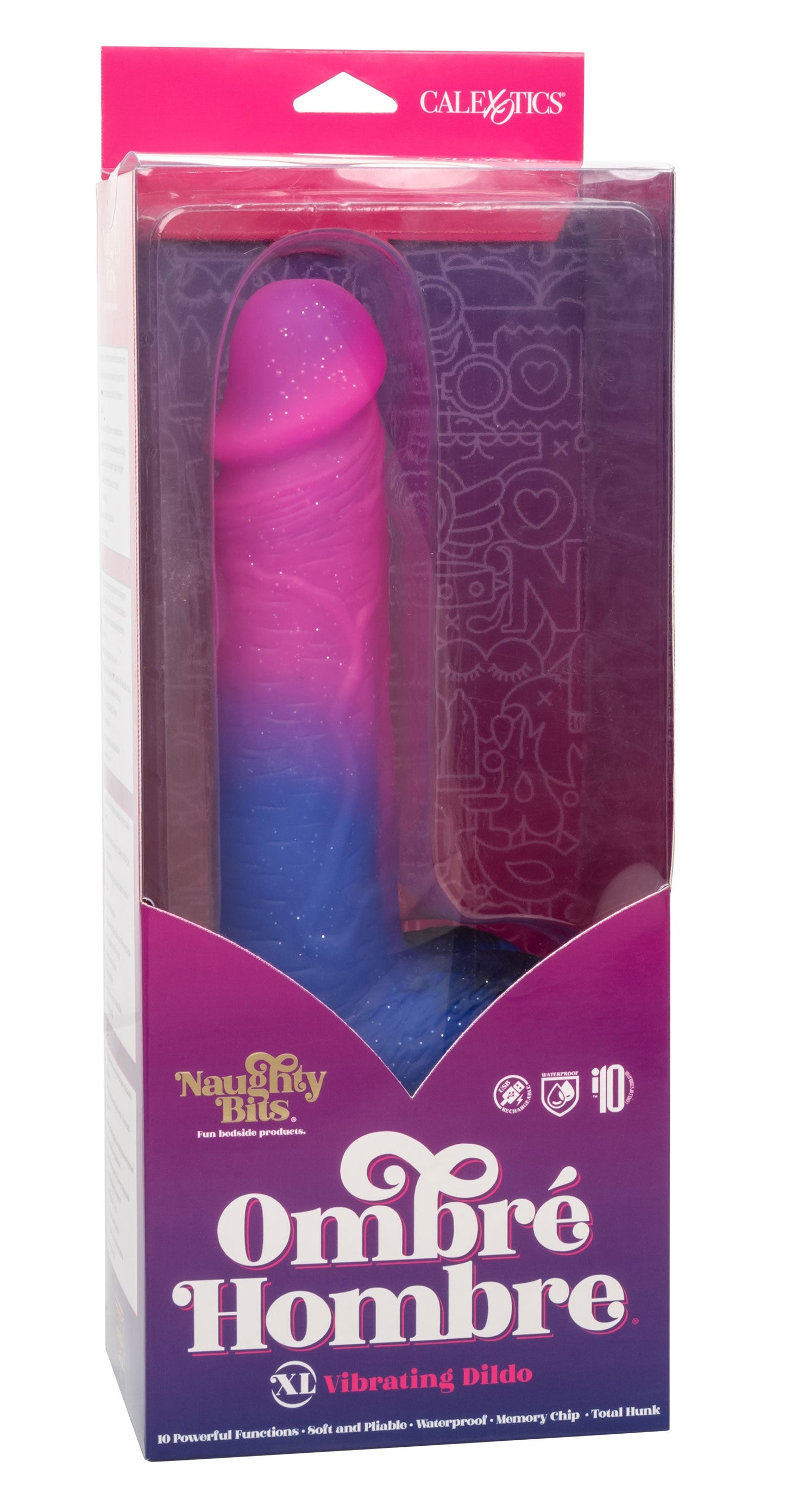 Naughty Bits Ombré Hombre XL Vibrating Dildo in Pink and Blue with Glitter Finish