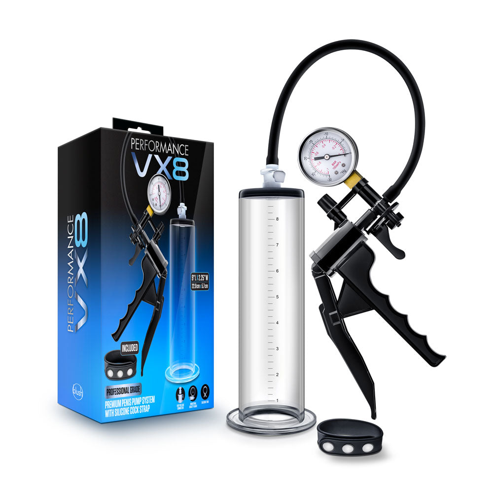 VX8 Premium Penis Pump System with Silicone Strap – Clear Penis Pump