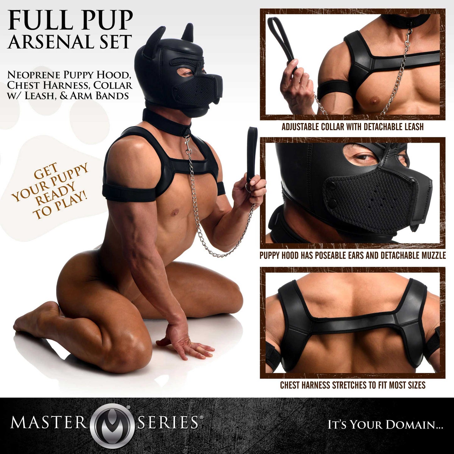 Master Series Full Pup Arsenal Set Black Neoprene Puppy Hood Chest Harness Collar Leash and Arm Bands