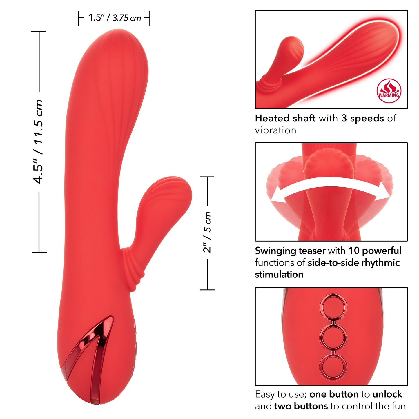 California Dreaming Palisades Passion Red Silicone Heated Massager with Swinging Teaser and Triple Motor Vibrations