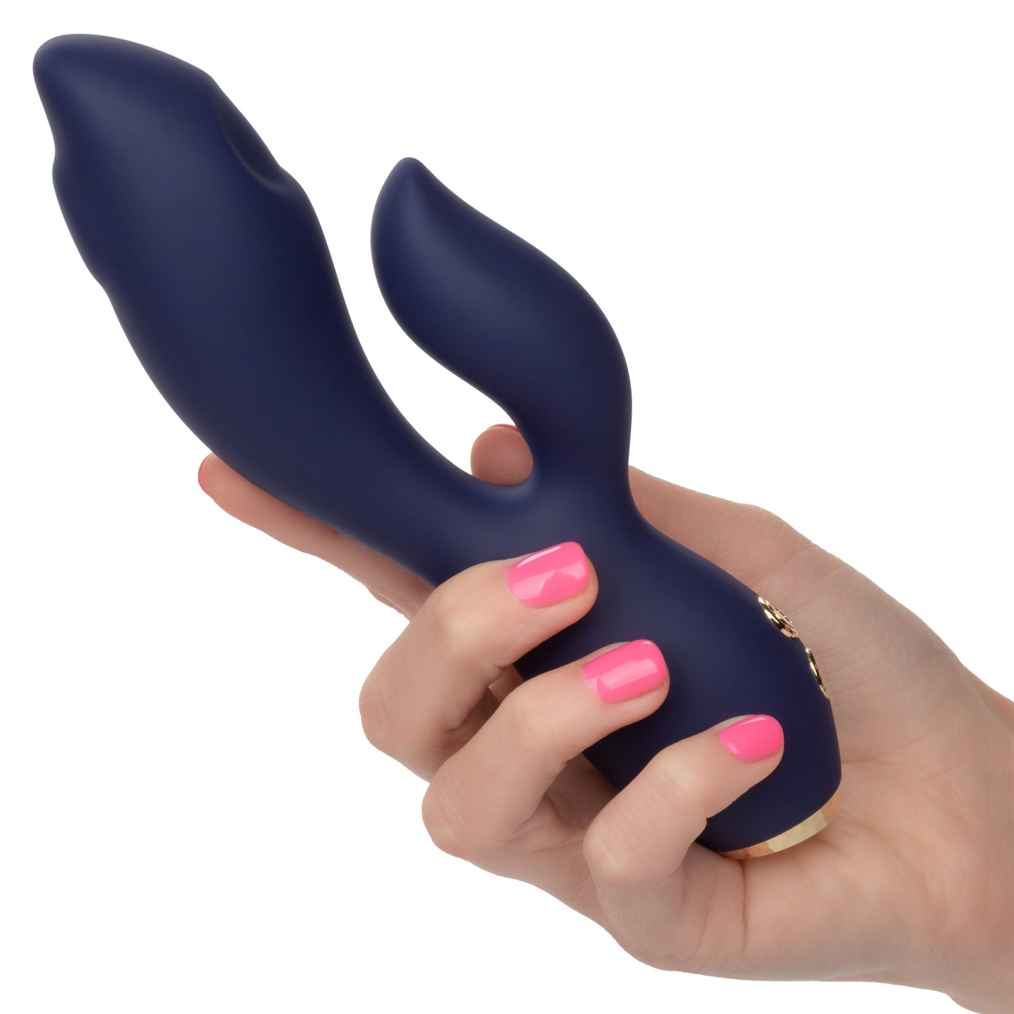 Chic Blossom Navy Blue Flexible Silicone Dual Motor Vibrator with Gold Accents, 10 Speeds, Waterproof and Rechargeable