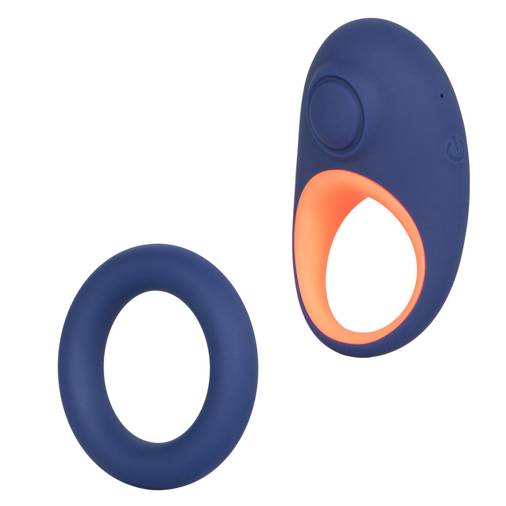 Link Up Verge Dual Stimulating Ring with 10 Thumping Functions Ultra-Soft Silicone Cock Ring Blue and Orange