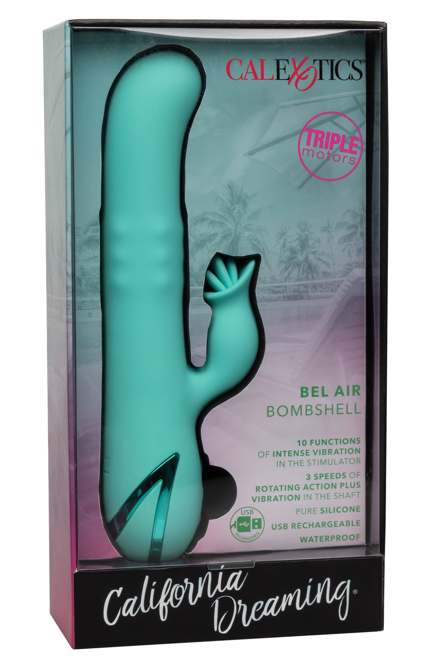 California Dreaming Bel Air Bombshell Silicone Vibrator in Aqua Blue with Triple Motors and 10 Vibration Functions