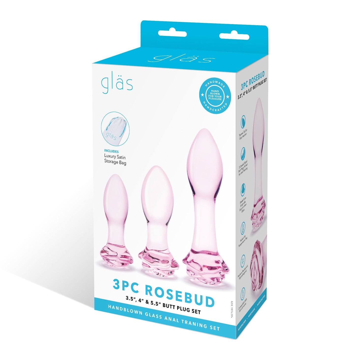 Glas 3PC Rosebud Butt Plug Set Pink Handblown Glass Anal Training Set 3.5, 4.5, and 5.5 Inches