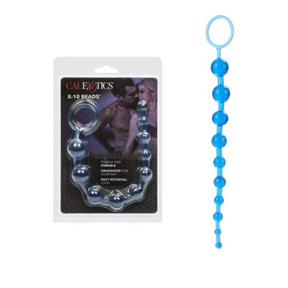 X-10 Blue Graduated Anal Beads with 10 Pliable Jelly Balls and Easy Retrieval Loop