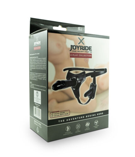 X Joyride 6 Inch and 5 Inch Dual Delight Black Faux Leather Strap-On Harness with Butt Plug