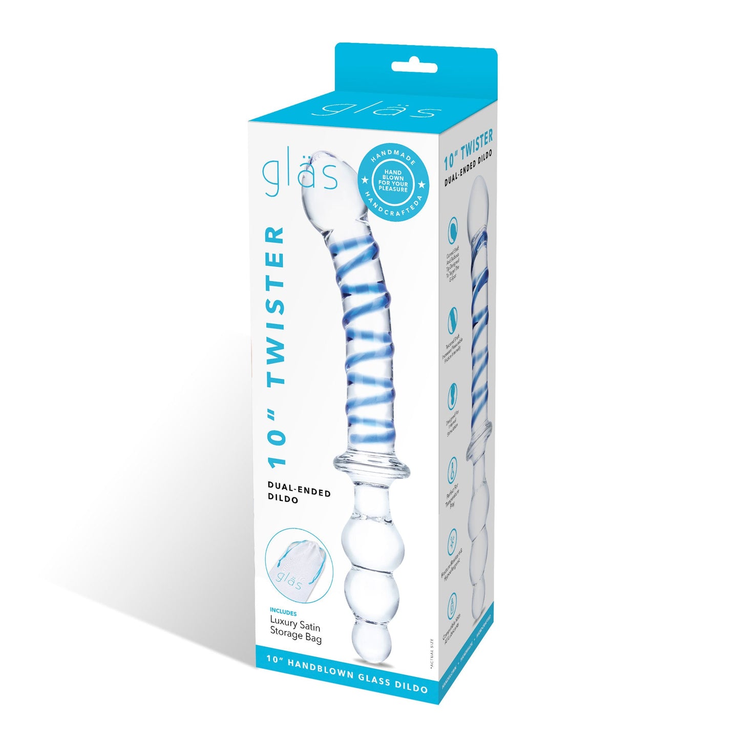 Glas 10 Inch Twister Dual-Ended Glass Dildo with Blue Spiral Design