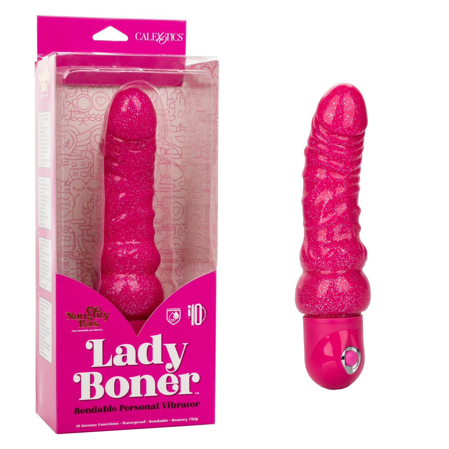 Naughty Bits Lady Boner Bendable Personal Vibrator Pink Glitter 10 Function Waterproof