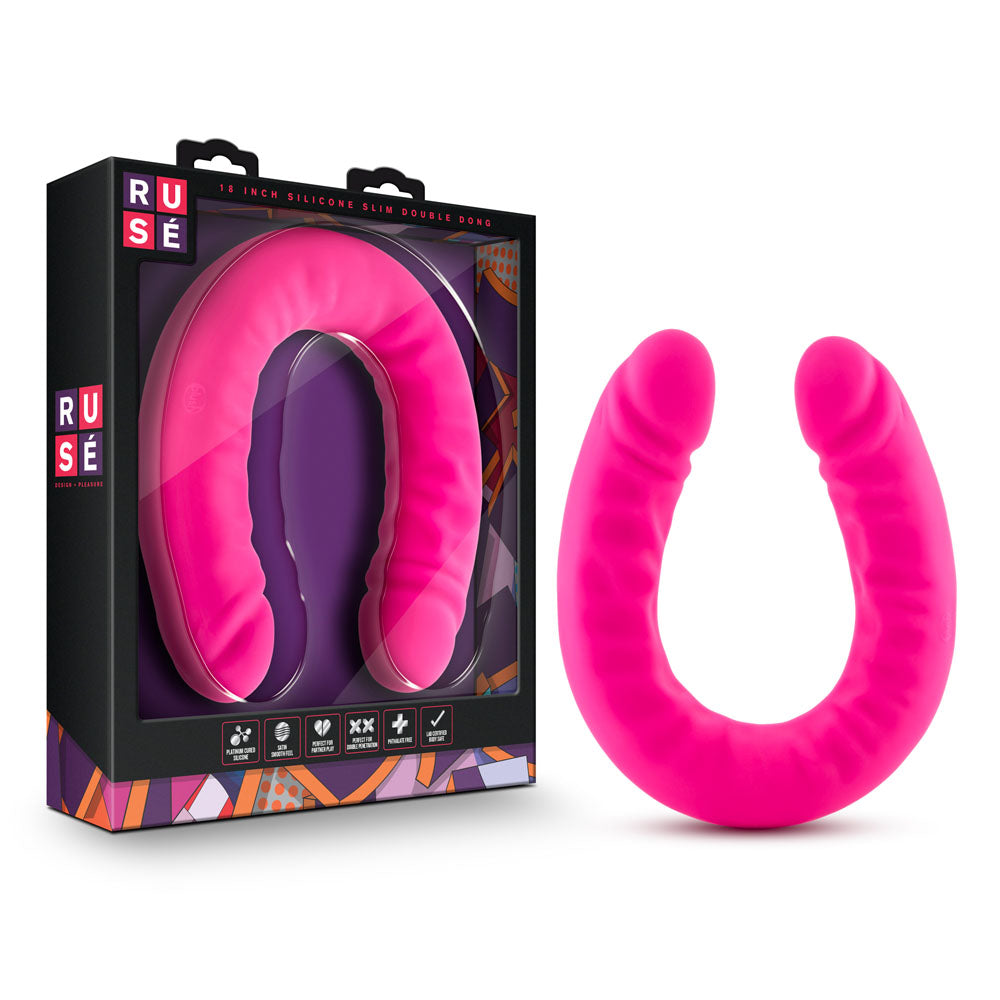 Ruse Silicone Slim 18in Hot Pink Double Dong 1.5in Wide